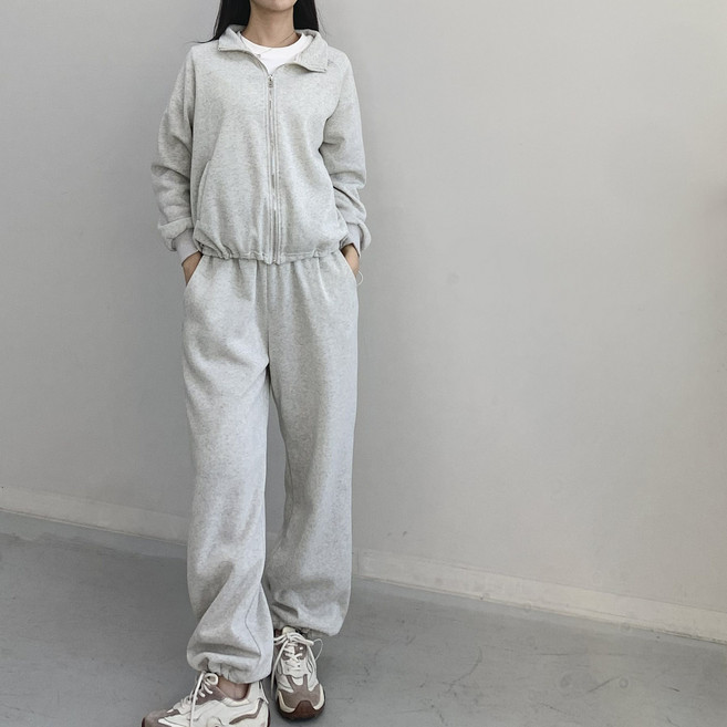 [행복여] 이더 밑단 스트링 집업 밴딩 투웨이 기모 와이드 팬츠 세트