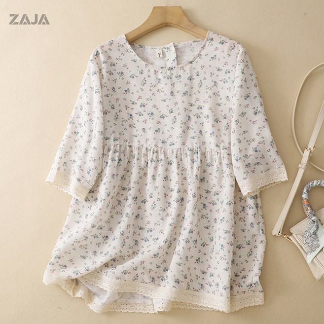ZAJA 여름 여성 면 린넨 루즈핏 셔츠 플라워 티 시원한 셔츠