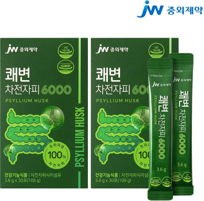 JW중외제약 바로 쾌변 차전자피(100%)환 6000 수용성 식이섬유 영양제 30포 효능, 108g, 2개