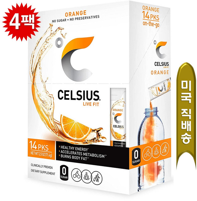 [1/2/3/4/5/6박스 택1] Celsius 셀시어스 온더고 오렌지맛 무설탕 분말 14스틱 /박스, 4박스, 71.4g