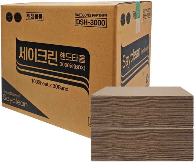 세이크린 무형광 갈색 핸드타올 2겹 3000매 대용량 업소용, 1박스
