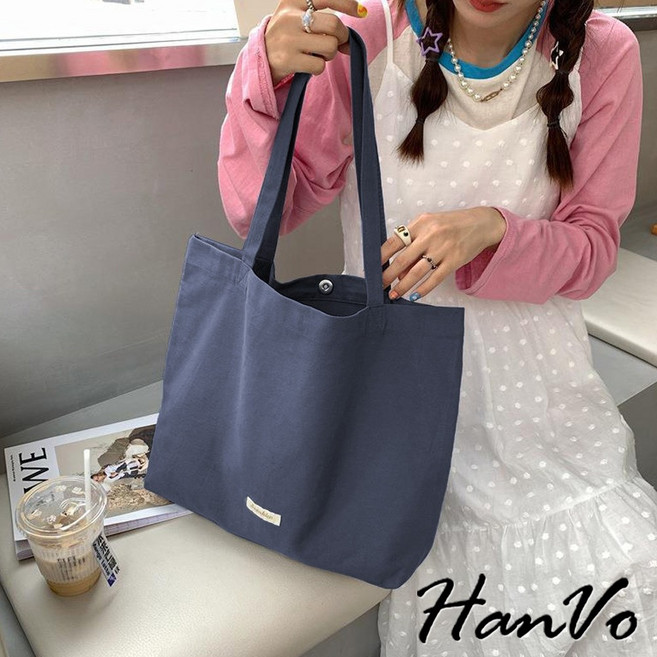 HanVo 素色小標籤帆布肩背包 輕便簡約百搭大容量 上課上班收納包 C05-1089