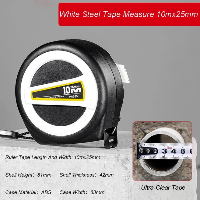 ABS 테이프 측정 톱 강철 너비 당김 눈금자 19-25mm 자동 잠금 3 5 10m 1 개, 10 White 10mx25mm, 01 1 Pcs