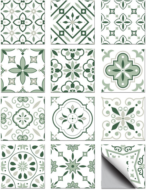 PVC 타일 시트지 세트 다양한 패턴 방수 주방 욕실 리폼 장식 10x10cm 12가지 다른 디자인 1세트 총 36개, 녹색