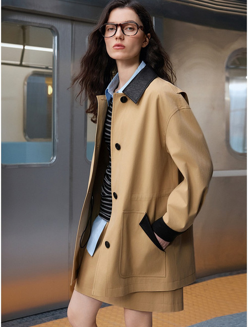 [구매대행] 엘르 컬러 블록 패치워크 오버사이즈 트렌치 코트 여성용 바람막이 아우터