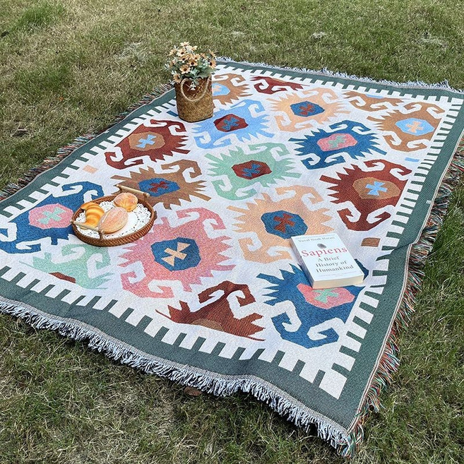 野餐墊子 帳篷防潮墊 波西米亞風 多功能線毯 棉紗午睡蓋毯 戶外露營毯, 1個, 浅色几何【多功能盖布】90*210cm