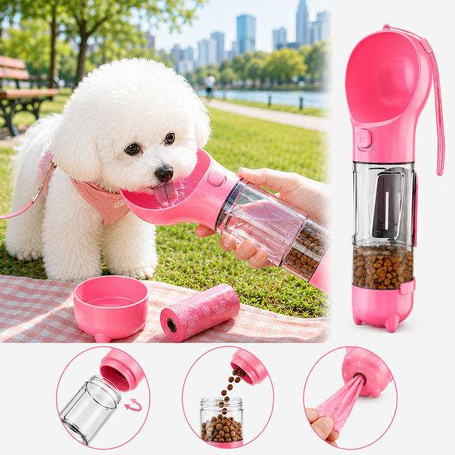 루미피티 강아지 산책용 4in1 물병 300ml (급수+간식+배변봉투+삽) 반려견 휴대용 물통, 핑크, 1개