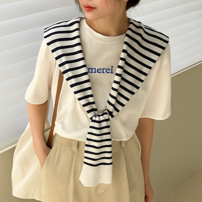 단가라 스트라이프 레이어드 어깨 숄 가디건 힙커버 니트 머플러 봄 여름 티 셔츠 원피스 블라우스 망토 하객룩 스카프