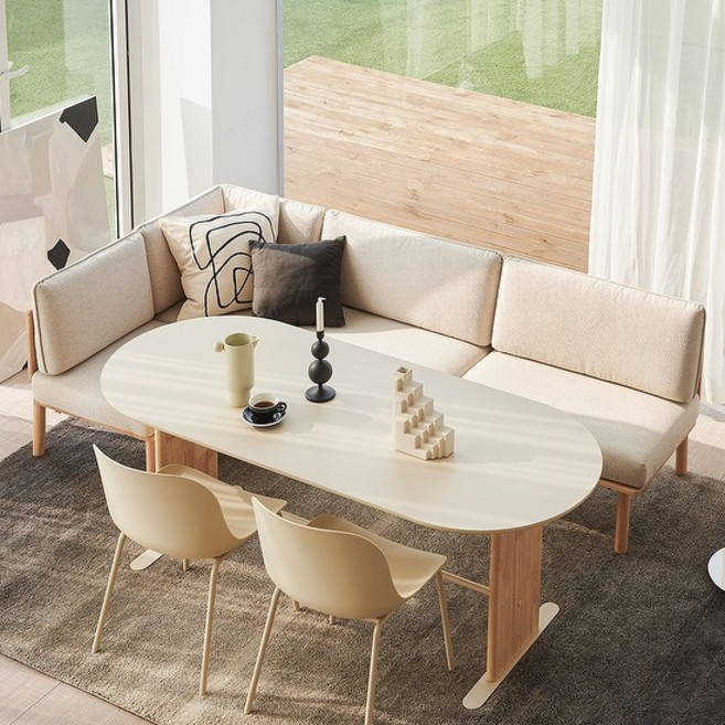 한샘 포레 컴포트 6인 라운지세트 (벤치1 코너벤치1 PP의자2 포함), B형: 베이지, A형: 1590사각, B형:페일블루/의자 A형:오트밀(K)