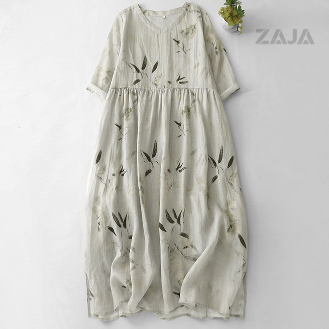 ZAJA 여성 여름 플라워 롱 원피스 루즈핏 반팔 브이넥 데일리