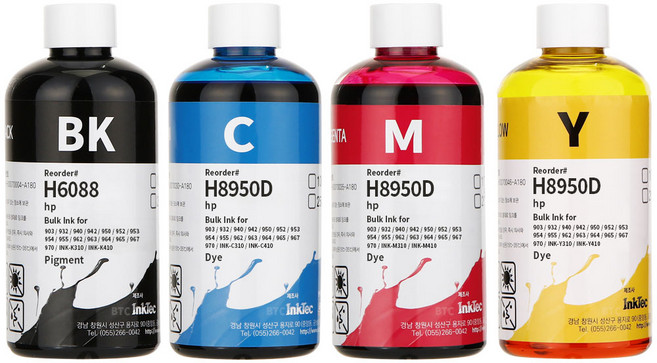 잉크테크 HP9010 HP8710 HP8610 HP8210 HP7740 삼성 J3520W J3560FW 호환 무한 리필 잉크, 4색(검정 안료+컬러 염료), 1세트, 250ml(단마개)