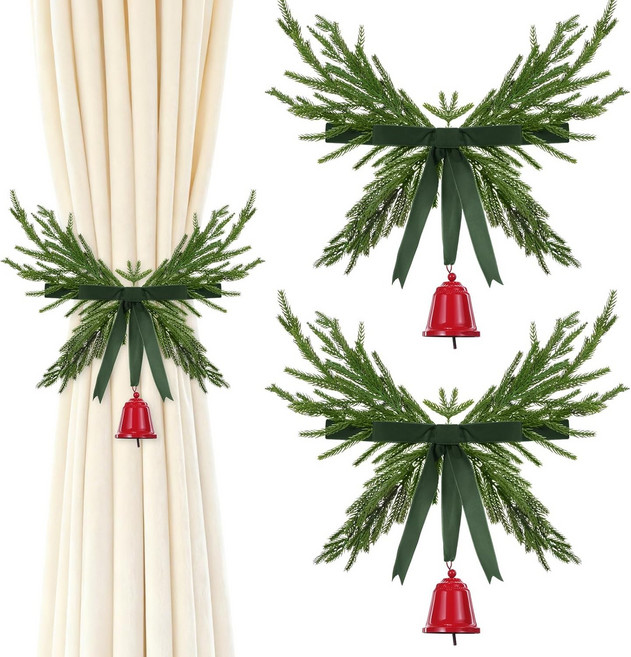 크리스마스 홀리데이 윈도우 홈 데코레이션을 위한 벨벳 리본 보우와 벨이 달린 화환 커튼 타이백 버클 2개 그린 레드