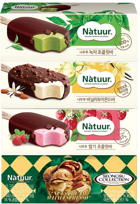 나뚜루 아이스크림바 4종 혼합 녹차밀크초콜렛 x5 + 바닐라아몬드 x5 + 딸기밀크초콜릿 x5 + 넛츠크림 x5, 1세트, 1.8L