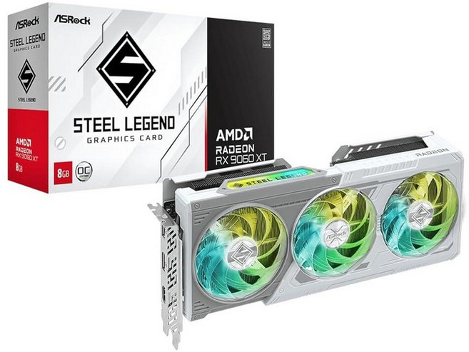 ASRock Radeon RX 9060 XT 스틸 레전드 8GB GDDR6 OC 그래픽 카드 | 3320 MHz 부스트 | 트리플 팬 | 0dB 냉각 | 금속 백플레이트 | P, RX 9060 XT 8G, Steel Legend