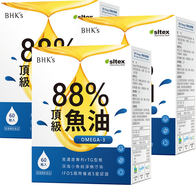 BHK's 88% Omega-3 頂級魚油軟膠囊 (60粒/盒)3盒組, 3個, 60顆