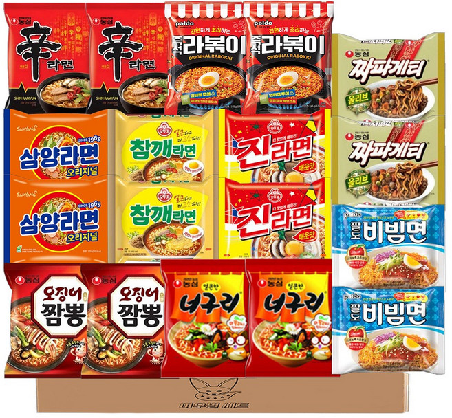 봉지라면 세트 9종 (신라면+팔도라볶이+삼양라면+참깨라면+진라면매운+오징어짬뽕 +너구리매운+짜파게티+팔도비빔면), 2세트