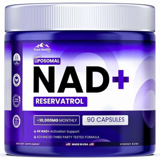 PURE HEALTH MAX PHM NAD 레스베라트롤 보충제 - 10 000MG 엑스트라 스트렝스 | 남성 및 여성용 NAD+ 리포솜 NMN NMNH 대체품 90캡슐 3개월, 1
