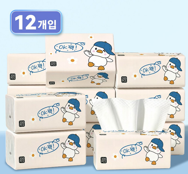 부드럽고 튼튼한 5겹 캐릭터 도톰한 대용량 생활용 티슈 가정용 차내 휴대 티슈, 12개, 300매