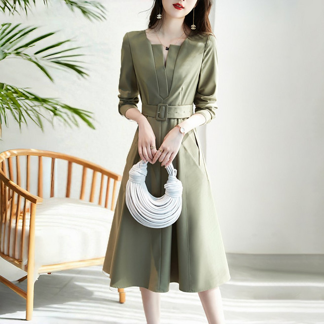 ROYALBELLE 여성 v넥 정장원피스 허리벨트 긴팔 셔츠 원피스 하객룩 오피스룩 Y072311