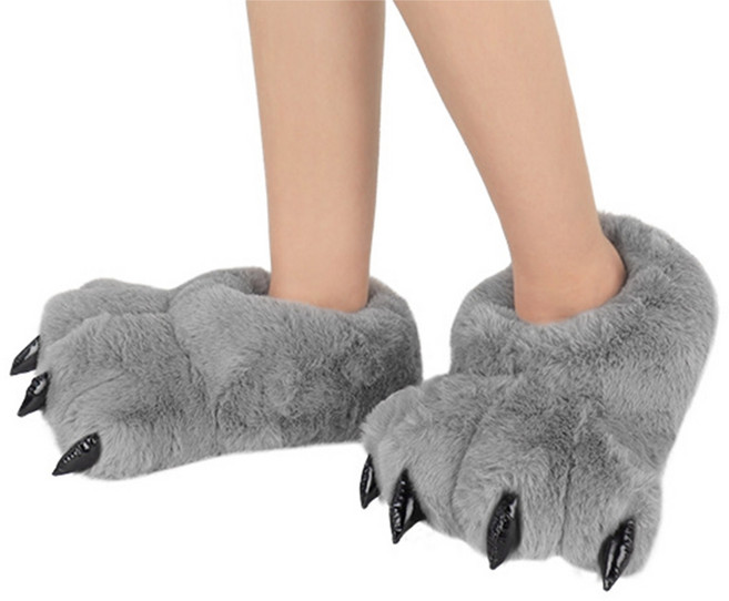 동물 발 슬리퍼 재미있는 참신 곰 발 슬리퍼 아늑한 모피 따뜻한 슬리퍼, 회색