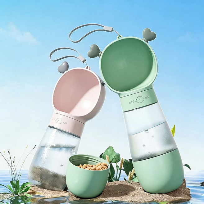 STYLE DR 외출 휴대용 하트 고양이 강아지 급수기 급식기 2in1, 350ml+200ml 그린, 1개