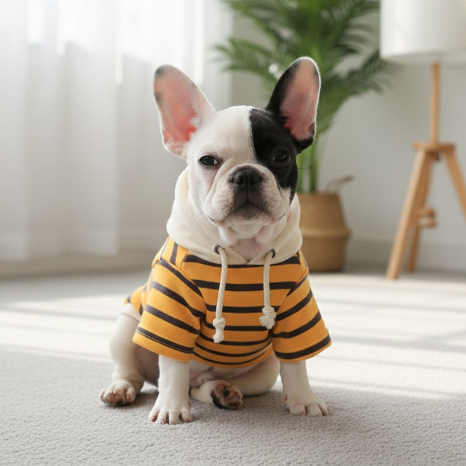 강아지후드티 반려동물 컬러 순면 후드티 애견옷 스트라이프 100%면티 (공장판매), 1개, 옐로우