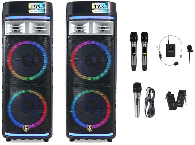 [컴스] 행사용 휴대용 블루투스 앰프 이동식 버스킹 앰프 스피커+무선마이크 노래방 CR500세트, LM504(TWS듀얼앰프+풀마이크세트)