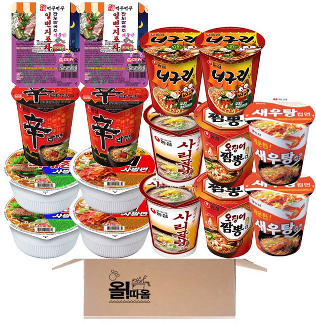 소컵라면 8종 16입 기획세트 (농심 신라면2+육개장사발면2+김치사발면2+새우탕2+너구리2+오징어짬뽕2+사리곰탕2+먹꾸먹꾸 일번지포차 해물맛 잔치쌀국수2), 1박스