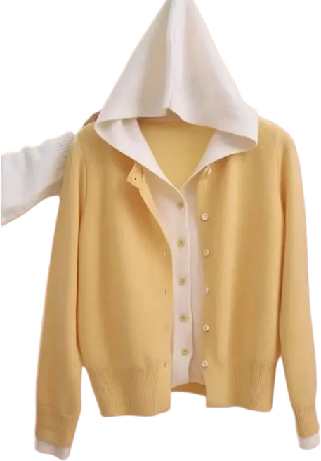 Makone 여성 레이어드 후드티 투톤 배색 스웨터 캐주얼 데일리 니트 가디건