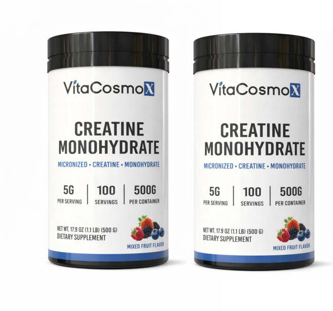 신제품 VitaCosmoX 비타코스모 마이크로나이즈드 크레아틴 모노하이드레이트 (혼합과일맛 분말), 2개, 500g