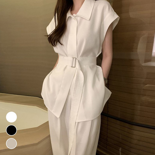 (3종세트) 메이리앤 민소매 셔츠 벨트 와이드 슬랙스 캐주얼 세미 정장 상하세트