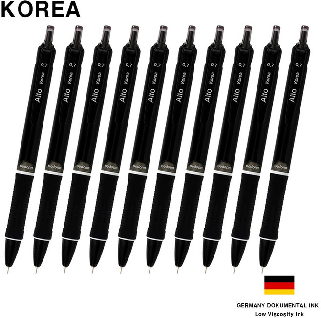 코리아 알토100 니들펜 필기감좋은 초저점도 독일잉크 볼펜 0.7mm, 10개, 블랙