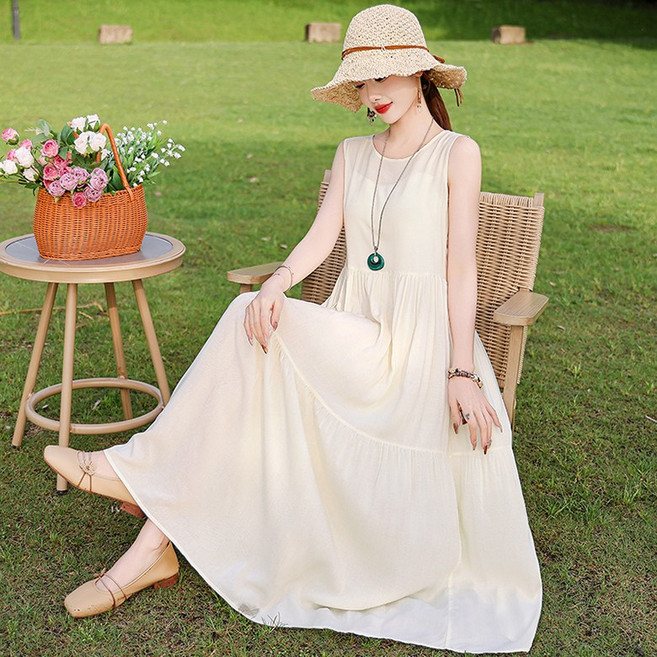 ORZQU 루즈핏 나시 롱원피스 40대 50대 여성 면 심플 민소매 A라인 롱원피스 엄마옷 빅사이즈