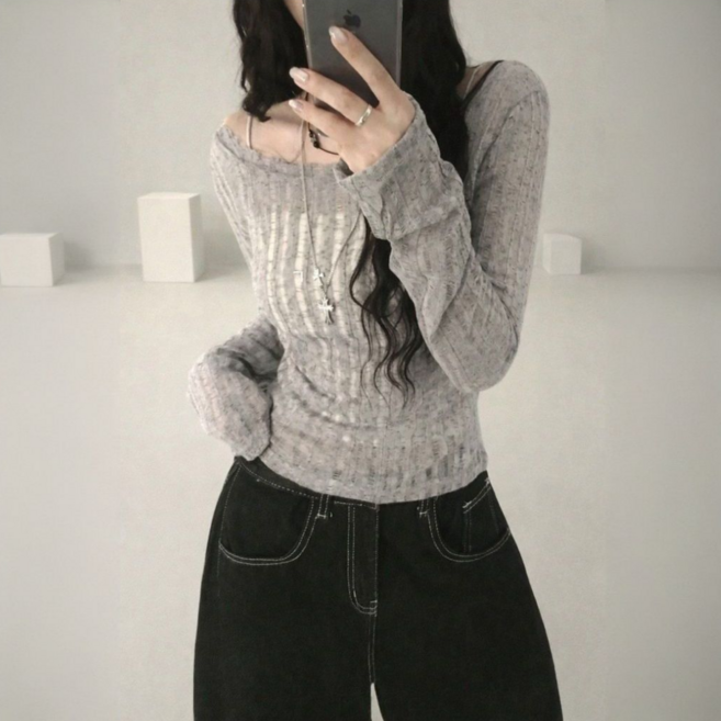 씨케이 여리여리 시스루 골지 니트 오프숄더