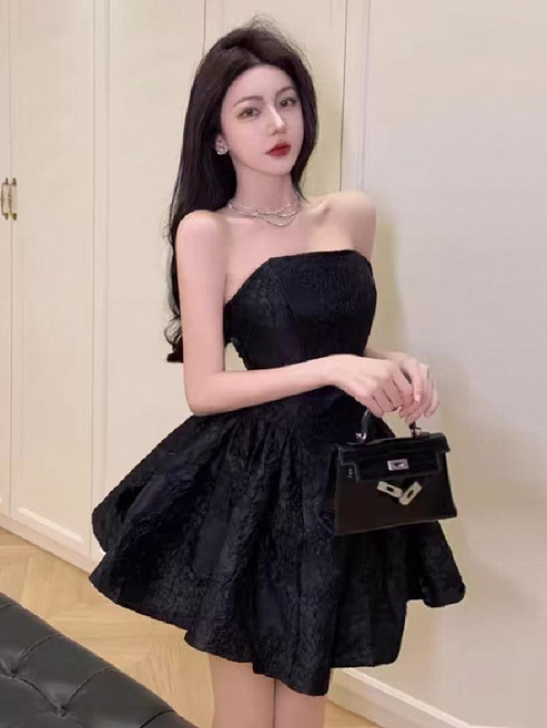 法式抹胸蓬蓬連衣裙女夏 小個子生日小禮服, 黑色