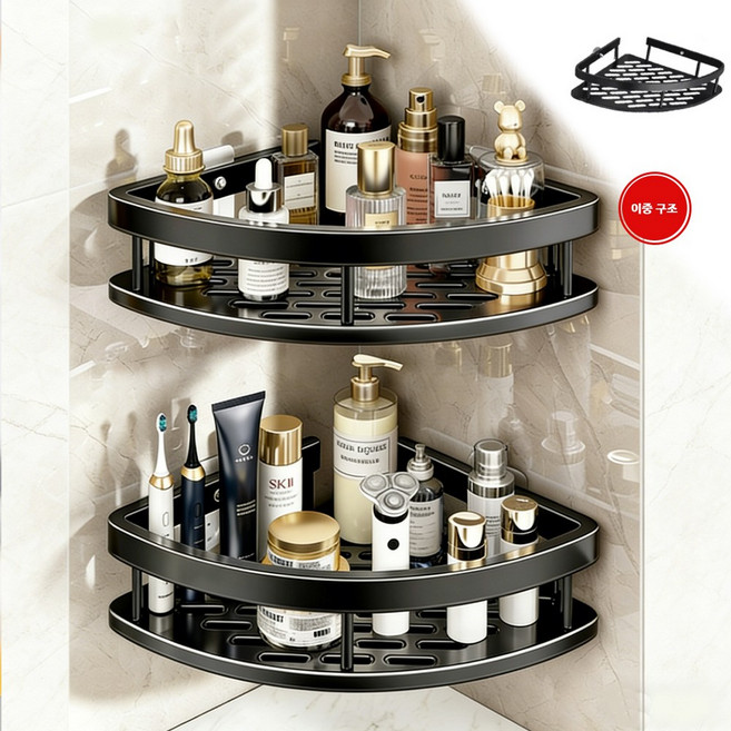 무타공 강력접착 코너 선반 2개 욕실 수납 정리, 블랙