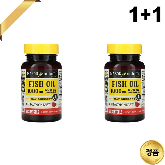 1+1 Mason Natural 피쉬오일 1000mg 30 소프트젤 오메가3 비타민E, 30정 - 쿠팡