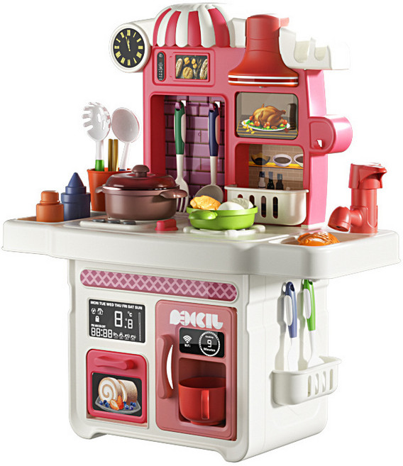 어린이 퍼즐 소꿉놀이 주방 만들기 요리 소리와 빛의 음악 누름으로 물에서 나오는 조리대 주방 장난감, 붉은색