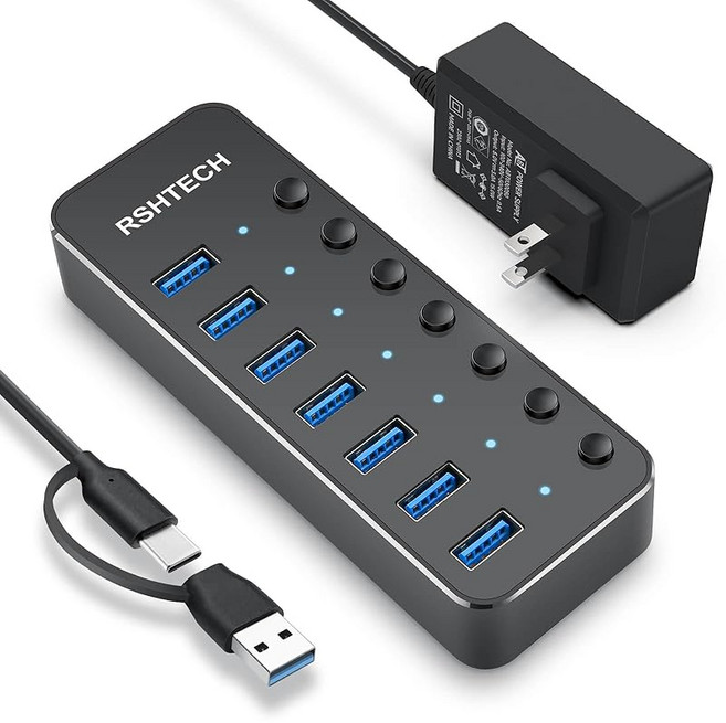 RSHTECH USB 허브 3.0 전원 부착 7포트 2023 개량 USB Hub 알루미늄 5Gbps 고속 전송 셀프 파워와 버스 파워 양용 5V 3A 전원 독립 스위치 첨부, 상세페이지 참조, 1개