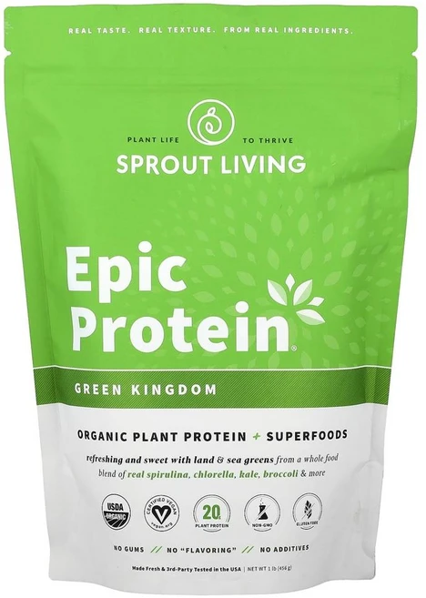 스프라우트 리빙 에픽 프로틴 오가닉 플랜트 프로틴 슈퍼푸드 그린 킹덤 Sprout Living Epic Protein® Organic Plant Protein + Superfoo, 1개, 456g - 쿠팡