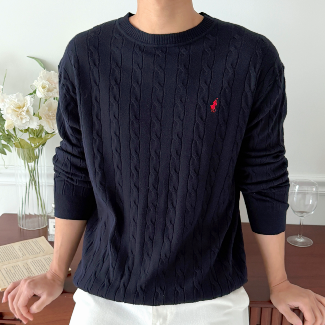 [ATTO CLUB] 남성 클래식 케이블 꽈배기 라운드 니트 부드러운 봄 가을 긴팔 니트 스웨터 세미 오버핏