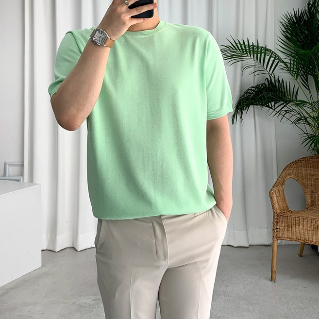 룩플레인 여름 라운드 쿨 비스코스 반팔 니트 티셔츠 10color