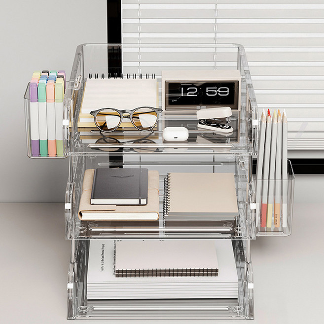 SMILE MORLI 데스크 A4 서류 정리 책상 수납함 세로형 다용도 탁상용 수납 트레이, 투명3단