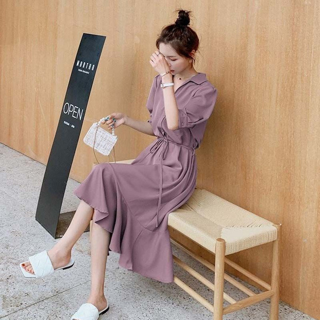비아이와이 여성 여름 심플 브이넥 솔리드 반팔원피스 DH633