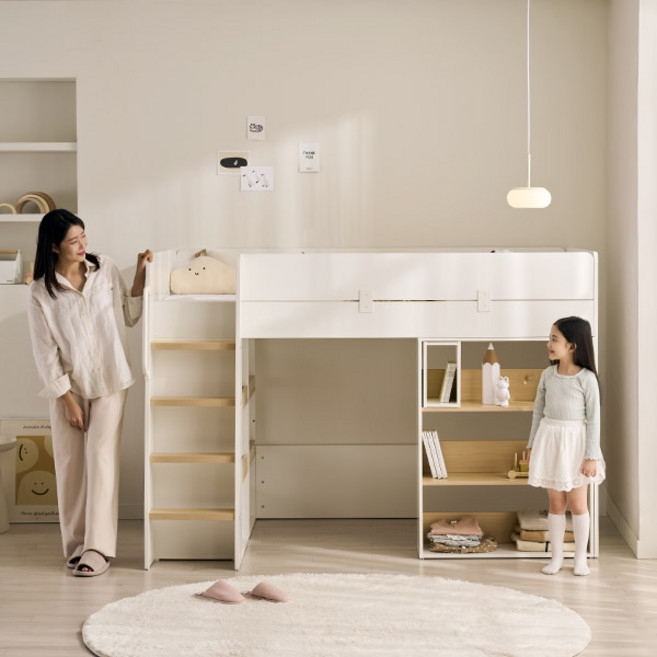 스칸디아 키즈홈 어린이 이층 벙커 침대+3단책장+책상+서랍장 세트, B2. 침대+책장(100T매트)