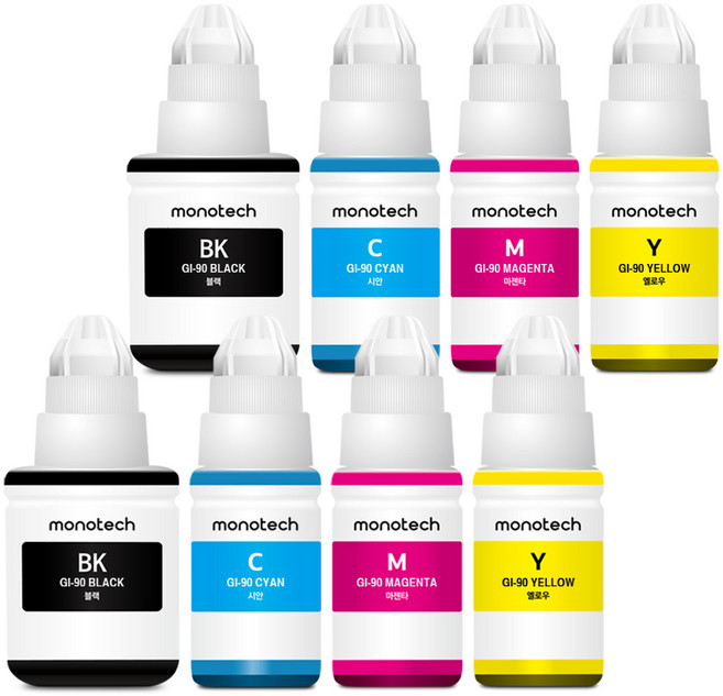 모노테크 캐논 호환잉크 세트 GI-90, 2세트, 검정+파랑+빨강+노랑