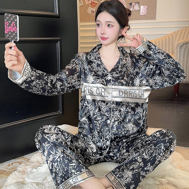 펠리시테 Caecnkoen 봄 가을 겨울 럭셔리 고급 새틴 여성 잠옷 플라워 패턴 홈웨어 파자마 세트 2311