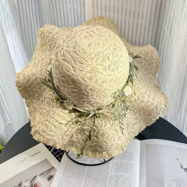 手工編織花環女士寬簷草帽，春夏遮陽防曬