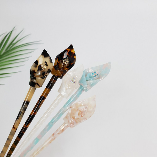 시크몽 프랑스핀 호피 마블 꽃봉오리 큐빅 포인트 22 cm 올림머리 뒤꽂이 헤어 비녀