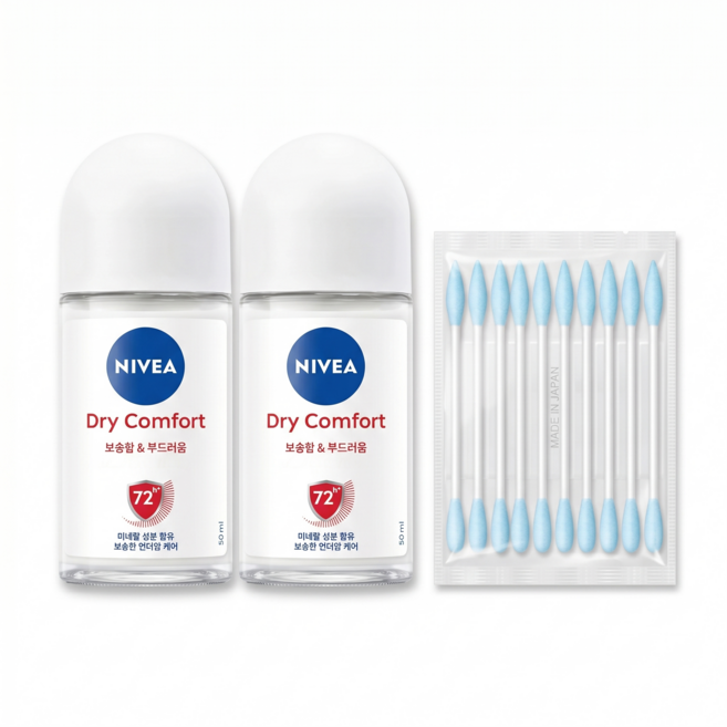 니베아데오드란트 롤온 / 드라이콤포트 1+1 [총2개] + 일본제 화장용 면봉10개입, 2개, 50ml